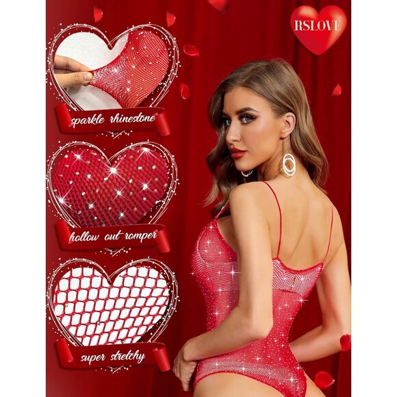 Women Red Lingerie Fishnet Teddy Sparkle Rhinestone One Piece Mesh Bodysuit - Picture 3 of 5